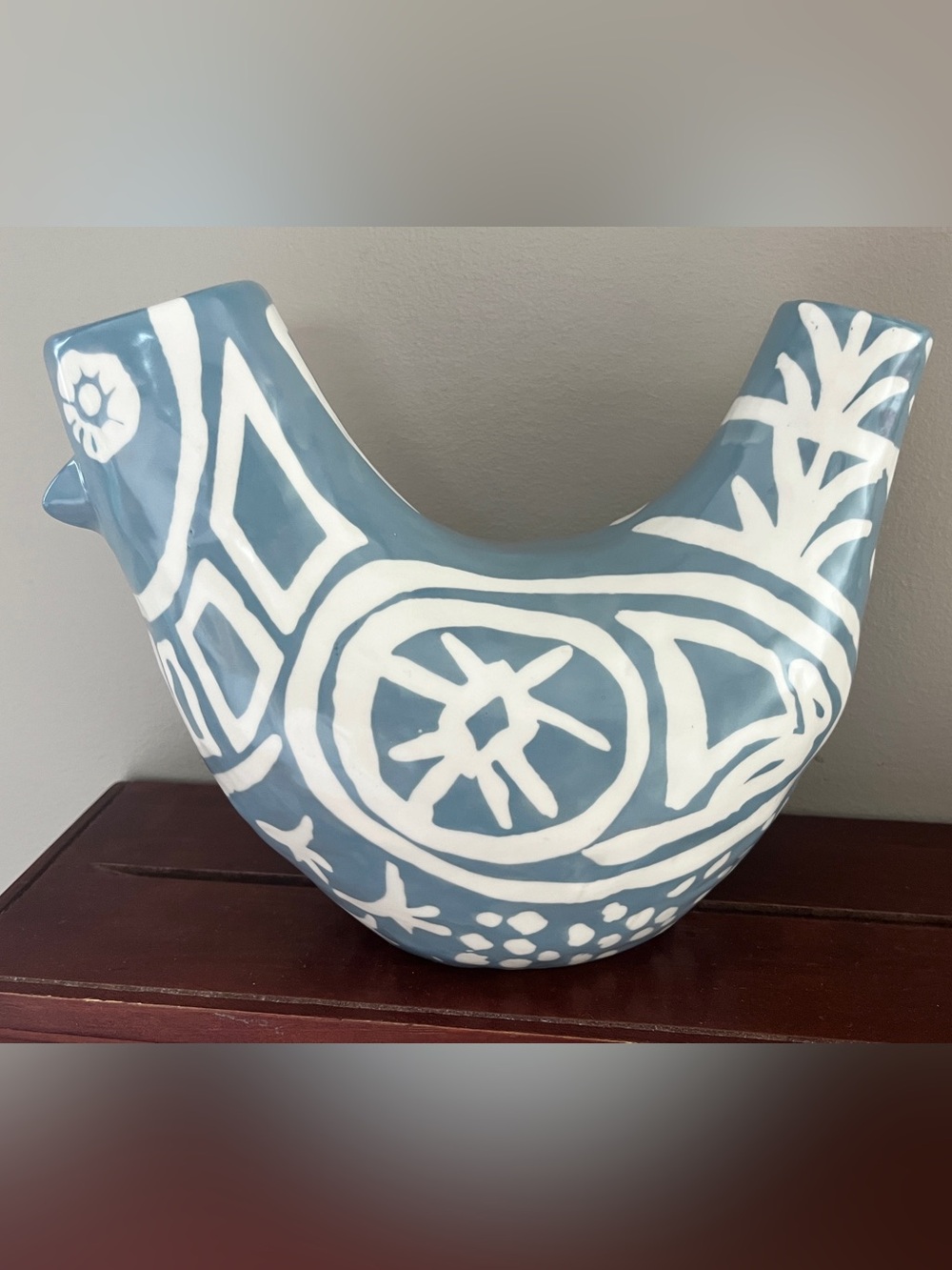 Anthropologie Byrdie Vase Blue White Decor Ceramic Bird Chilean Folk Art Otomi
